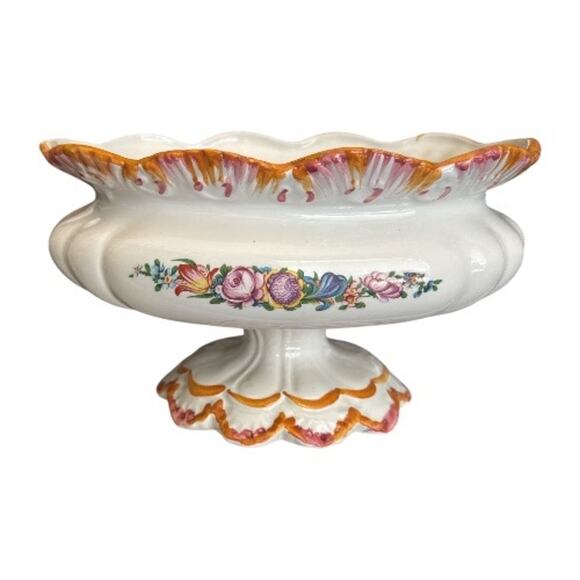Vintage Italian Hand Painted Tureen Pedestal Scalloped Edge Vase - Picture 6 of 10
